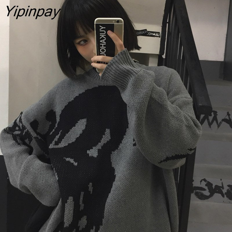 Yipinpay Women's Sweater Oversize Goth Top Knitted Black Long Sleeve Hip Hop Aesthetic Pullovers Korean Fashion Harajuku Winter Clothes