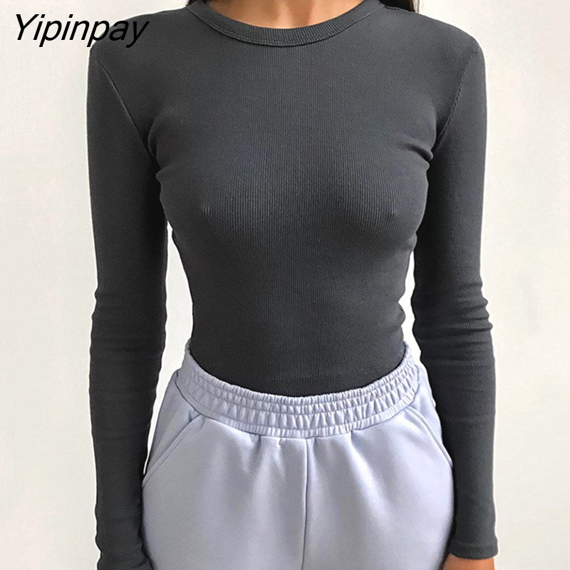 Yipinpay Black White Knit T Shirt Women Ribbed Crop Top Long Sleeve O Neck Basic Tees Short Tshirt Streetwear Sexy Bodycon Tops