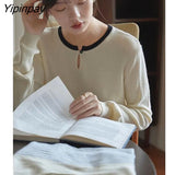 Yipinpay 2023 Winter Minimalist New In Patchwork Long Sleeve Women Sweaters Korea Style O Neck Button Knit Pullovers Female Tops