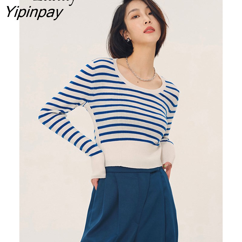 Yipinpay 2023 Winter Korean style Long Sleeve Slim Strip Sweater Women Patchwork Ladies Crop Tops Pullover Female Tops Clothing