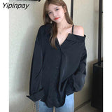 Yipinpay Oversize One Shouler Black Shirt Women Casual Long Sleeve Button Ladies Blouse 2023 Summer Daily Female Tops Tunic
