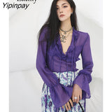 Yipinpay 2023 Spring Sexy Ruffled Flare Long Sleeve Women Blouse Korea Style Vintage Transparent Short Chiffon Shirt Ladies Tops