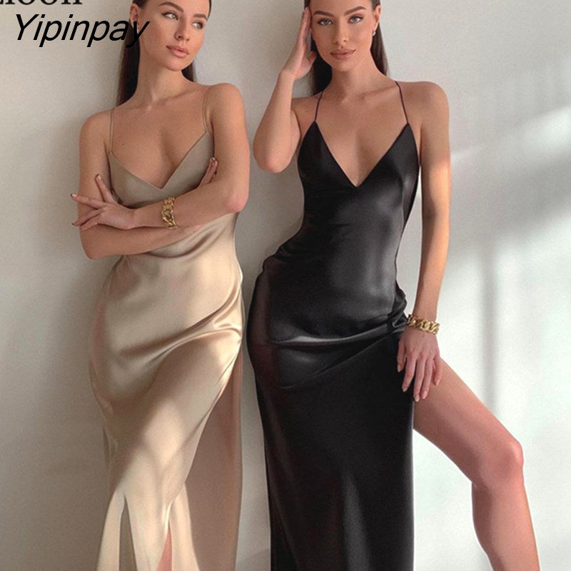 Yipinpay Sexy Satin Backless Slit Maxi Dress Women New 2023 Sleeveless Deep V Neck Black Champagne Birthday Party Long Dresses