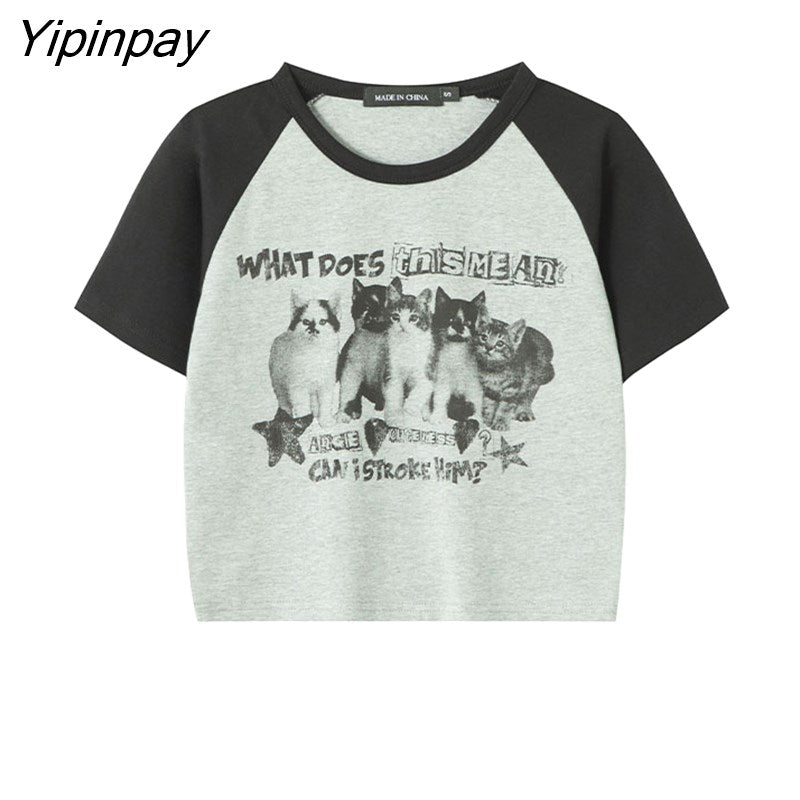 Yipinpay Women T-Shirt Y2k Crop Tops Tees Cat Print Slim Graphic Summer Korean Fashion Harajuku Streetwear Short Sleeve Aesthetic Clothes