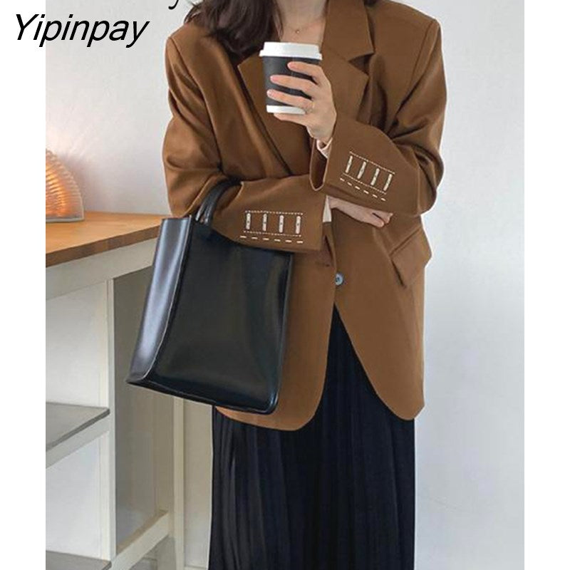 Yipinpay 2023 Autumn Long Sleeve Embroidery Women Blazer Office Lady Solid Suit Blazers Work Winter Female Loose Clothing Coat