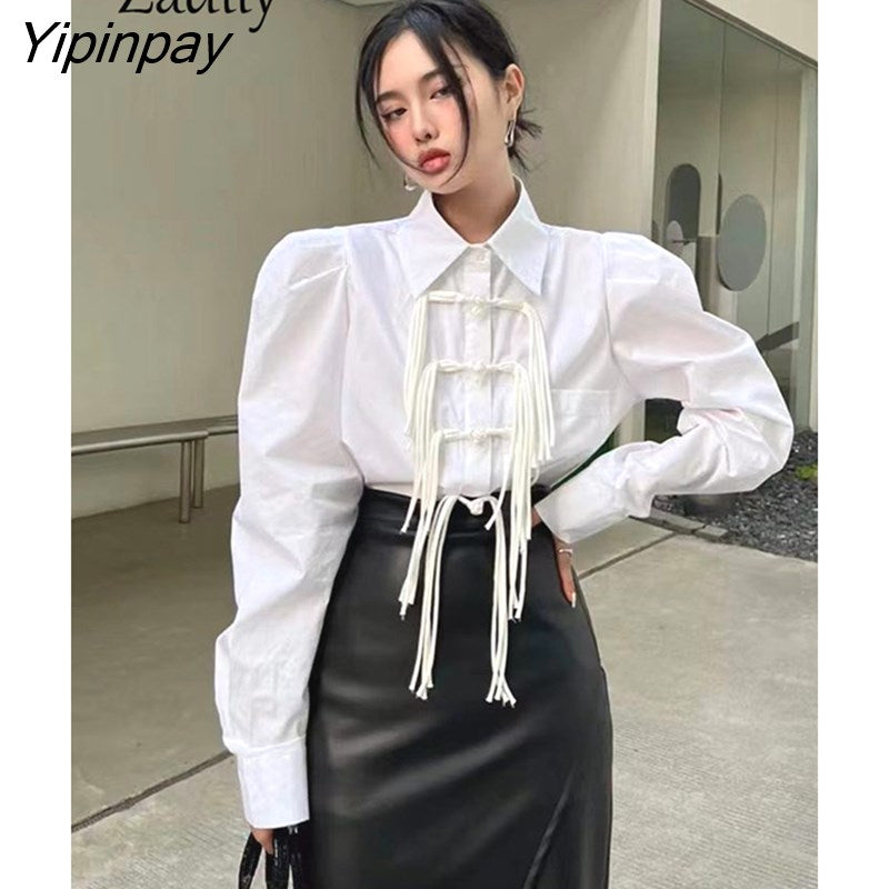 Yipinpay 2023 Autumn Long Puff Sleeve White Shirt Women Office Lady Tassel Button Up Tunic Blouse Work Female Clothing Tops