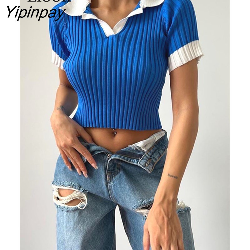 Yipinpay Block Knit Ribbed Crop Top Sexy Short T Shirt Women Pullovers New 2023 Summer Basic Tees Streetwear Patchwork Bodycon Tops