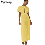 Yipinpay Hollow Out Pleated Dress For Women Fashion Flare Sleeve Backless A Line Dresses Spring O Neck Office Lady Solid Robe