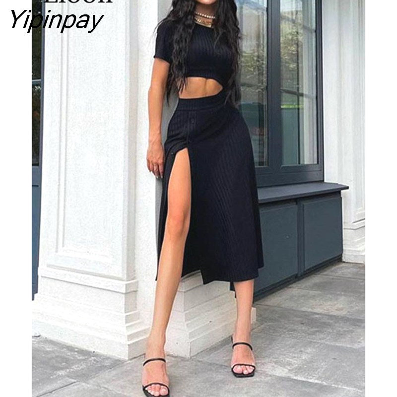 Yipinpay White Knitted Ribbed Two Piece Set Sexy Crop Tops And Slit Midi Skirts High Waist Button Up Sexy Bodycon Knit Skirt Sets
