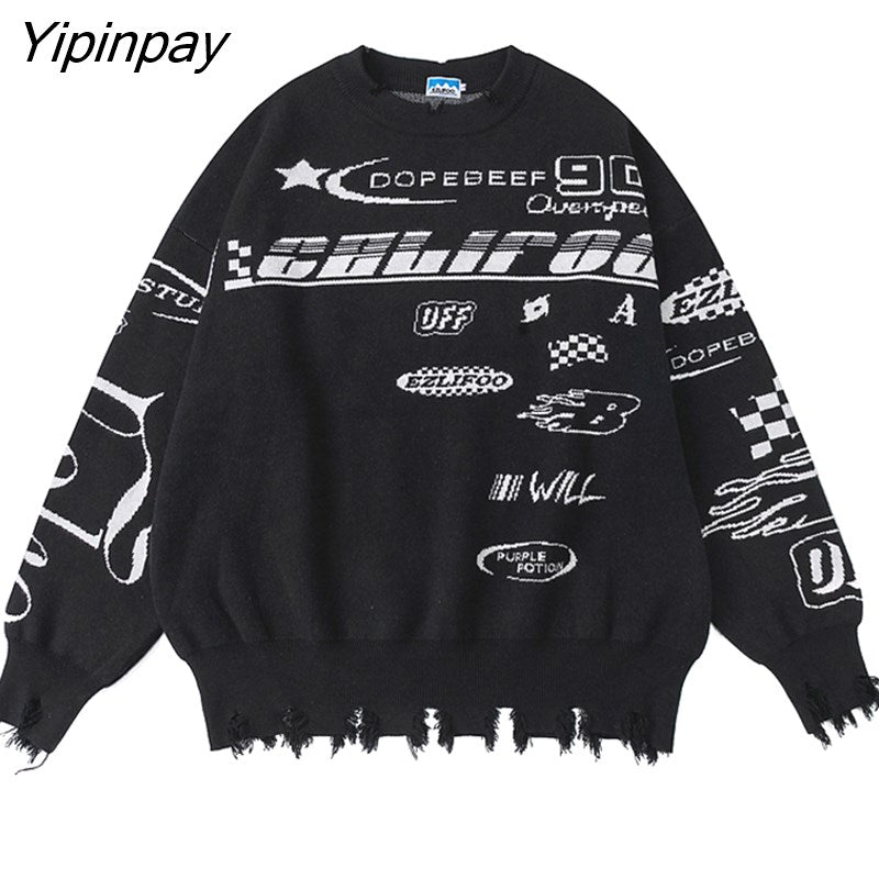Yipinpay Women Sweater Frayed Oversize Pullover Long Sleeve Jumper Streetwear Korean Fashion Goth Knit Y2k Aesthetic Tops Winter Clothes