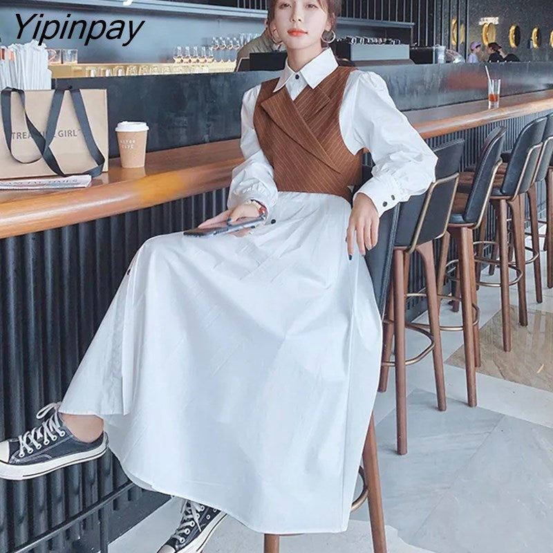 Yipinpay Spring Office Lady Two-piece suit Work Maxi Dress Women Long Sleeve Stripe Button Up Shirt Dresses Free Shipping Vestidos