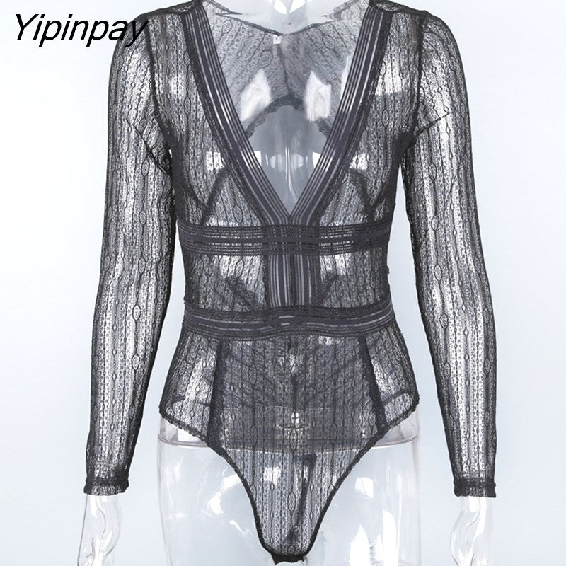 Yipinpay Sexy stripe Lace Skinny Women Bodysuits Sleeveless Backless Hollow Out Perspective 2023 Spring Fashion Female Jumpsuit 319-1