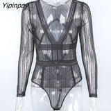 Yipinpay Sexy stripe Lace Skinny Women Bodysuits Sleeveless Backless Hollow Out Perspective 2023 Spring Fashion Female Jumpsuit 319-1