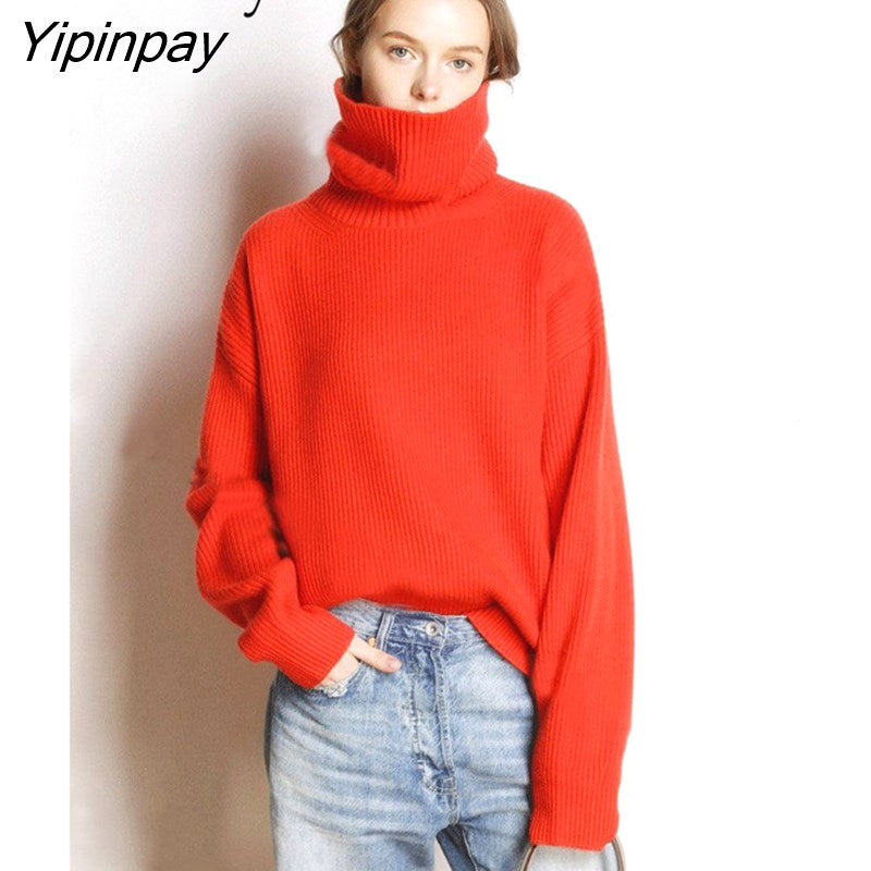 Yipinpay 2023 Winter Korean Style Long Sleeve Sweater Women Minimalist Turtleneck Loose Ladies Knit Pullover Female Clothing Tops
