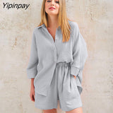 Yipinpay Two Piece Shirt Set Women Loose Blouses Cardigan Tops And Shorts High Waist 2023 Spring Summer Baggy Shirts Outfits Sets