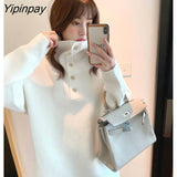 Yipinpay 2023 Winter Korean Style Long Sleeve Knit Sweater Women Minimalist Turleneck Button Ladies Pullover Female Clothing Tops