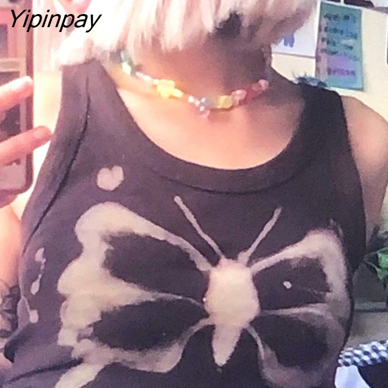 Yipinpay Aesthetics Butterfly Print Brown Crop Tops Indie Streetwear O-neck Sleeveless Tank Tops 90s Fashion Summer Vests