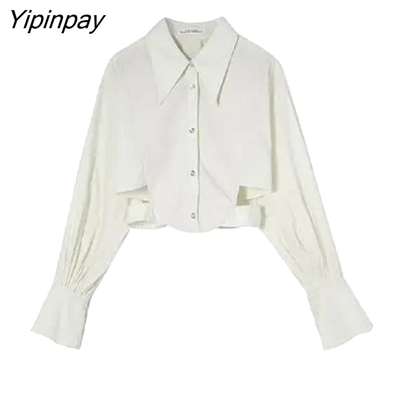 Yipinpay 2023 Spring New Streetwear Long Sleeve Women Shirt Korea Style Hollow Out Button Up Woman Crop Tops Blouse Party Clothing