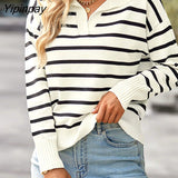 Yipinpay Striped Loose Knitted Sweater Tops Pullover Women Jumpers Streetwear Autumn Winter Long Sleeve V Neck Knitwear Sweaters