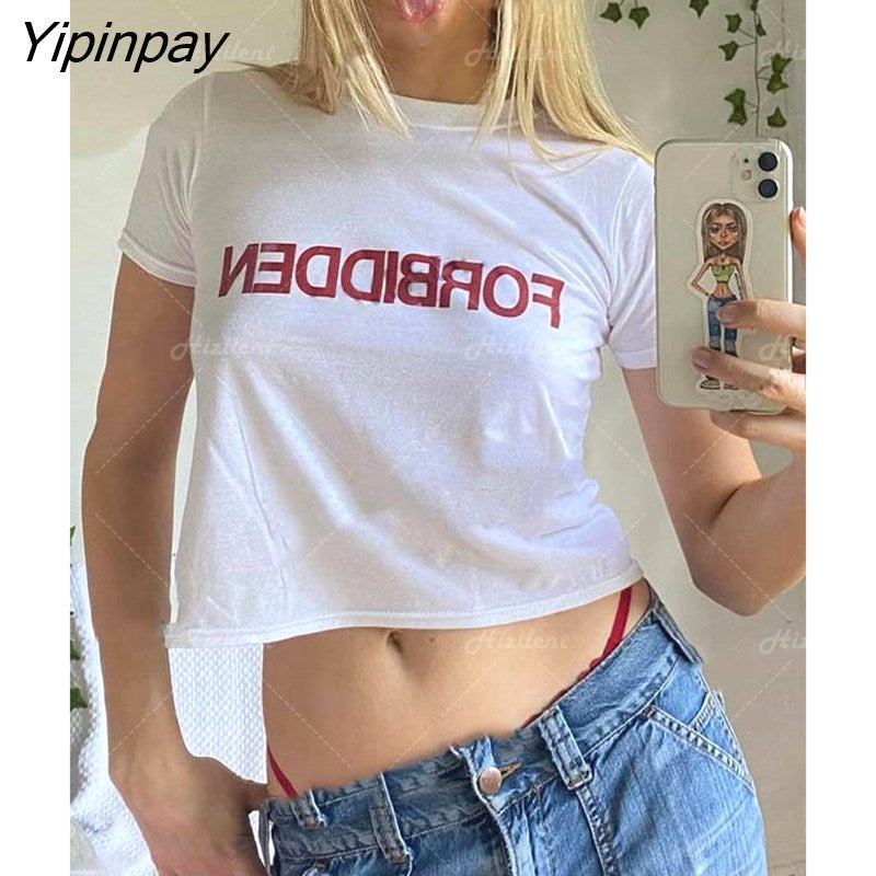 Yipinpay Fashion Letter 2000s Print fairy grunge Summer E-girl White 90s Crop Tops Slim Streetwear Harajuku Goth Short Sleeve T-shirt