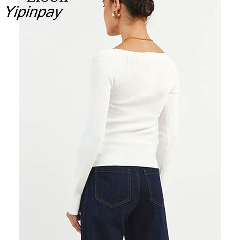 Yipinpay Knit Ribbed T Shirt Women Ruched Corset Top Autumn Long Sleeve V Neck Basic Tees Sexy Bodycon Tshirt Knitted Tops
