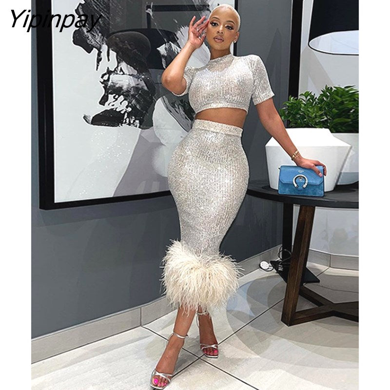 Yipinpay Women Sequins Skirt 2piece Set Female Cropped Slim Blouse Hemline Artificial Feather Bodycon Skirt Suits 2023 Sexy Streetwear