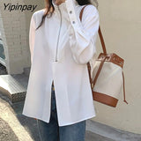 Yipinpay 2023 Autumn Street Style Long Sleeve White Chiffon Shirt Women Zipper Loose Ladies Blouse Casual Female Clothing Tops