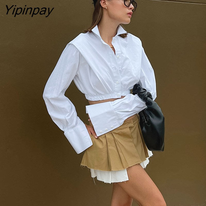 Yipinpay 2023 Spring Y2K Long Sleeve Women Shirt Women Minimalist Button Up Woman Crop Tops Blouse Korea Style Female Clothing