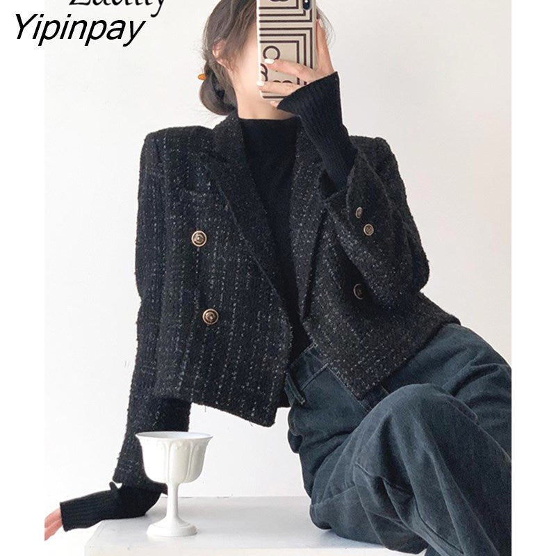 Yipinpay Korean Style Long Sleeve Plaid Blazer Women 2023 Autumn Casual Short Ladies Suit Blazers Female Clothing Coat Jacket