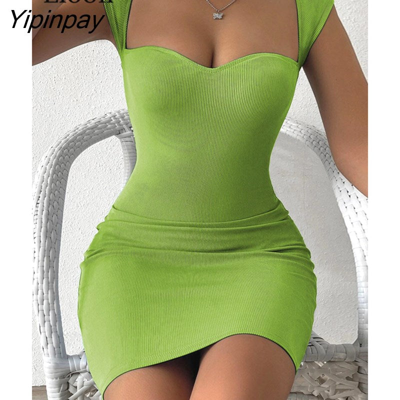 Yipinpay Sexy Knitted Short Corset Dresses Women Summer Sundress 2023 Sleeveless Square Neck Black White Ribbed Bodycon Mini Dress