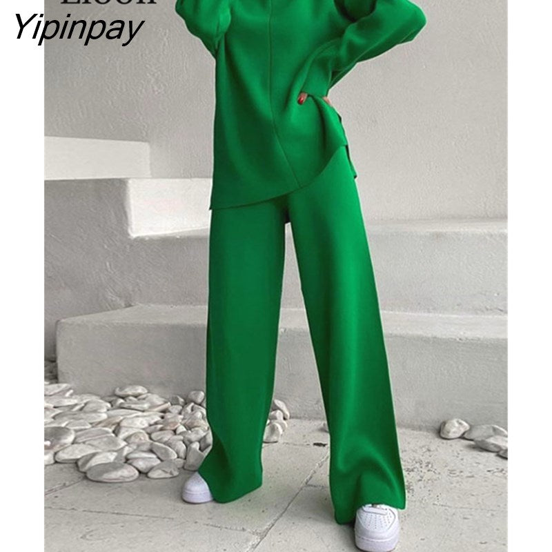 Yipinpay Knitted Two Piece Set Baggy Turtleneck Sweater Tops And Pants Women High Waist Autumn Winter Knitwear Loose Sweaters Sets