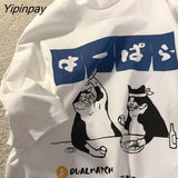 Yipinpay Men Tshirt Oversized Drinking Cat Anime Cotton Print Streetwear Graphic Short Sleeve Korean Fashion Top Harajuku Summer Clothing