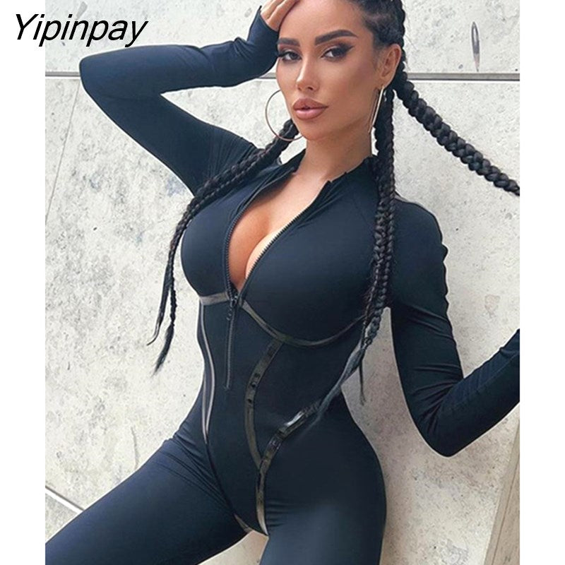 Yipinpay Women Long Sleeve Bodycon Black Jumpsuit Sexy Patchwork Pu One Piece Legging 2023 Female Zipper Rompers Outfit Y2K Streetwear