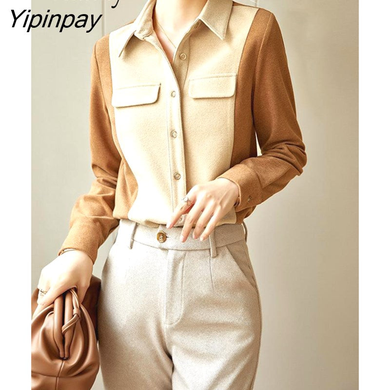 Yipinpay 2023 Winter Patchwork Long Sleeve Thick Shirt Women Office Lady Button Up Tunic Blouse Work Female Autumn Clothing Tops