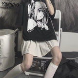 Yipinpay Hop Streetwear Harajuku Woman Black Top T-shirt Vintage Retro Japanese Style Anime Girl 2023 Summer Tee Tops Clothes