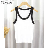 Yipinpay Knit Short Vest Women Bodycon Crop Top Summer New Color Block Ribbed Tank Black White Basic Knitting Tees Sexy Tops
