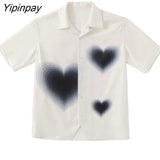 Yipinpay 2023 Summer Y2K Short Sleeve Women White Shirt Korea Style Button Heart Print Oversize Woman Blouse Female Clothing Top