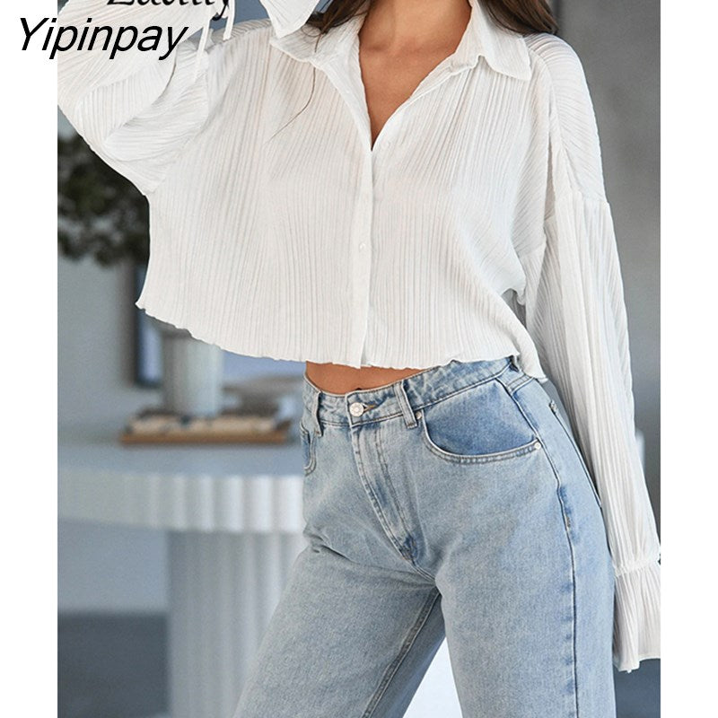 Yipinpay 2023 Spring Sexy Folds Flare Long Sleeve Women White Shirt Korea Style Button Up Woman Crop Tops Blouse Female Clothing