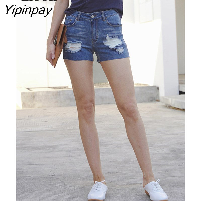 Yipinpay Skinny Ripped Jean Shorts Women With Pockets Streetwear Moustache Effect Wash Distressed Summer Cotton Hole Denim Shorts