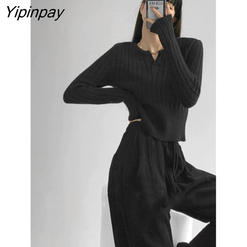 Yipinpay 2023 Winter Korean Style Long Sleeve V Neck Sweater Women Minimalist Slim Crop Tops Ladies Knit Pullovers Female Clothing