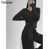 Yipinpay 2023 Winter Korean Style Long Sleeve V Neck Sweater Women Minimalist Slim Crop Tops Ladies Knit Pullovers Female Clothing