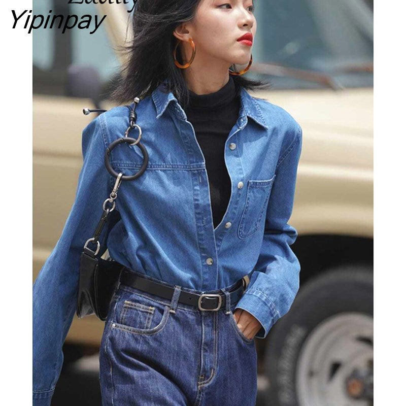 Yipinpay 2023 Spring Vintage Long Sleeve Women Denim Shirt Korea Style Button Up Solid Color Woman Tunic Loose Blouse Female Tops