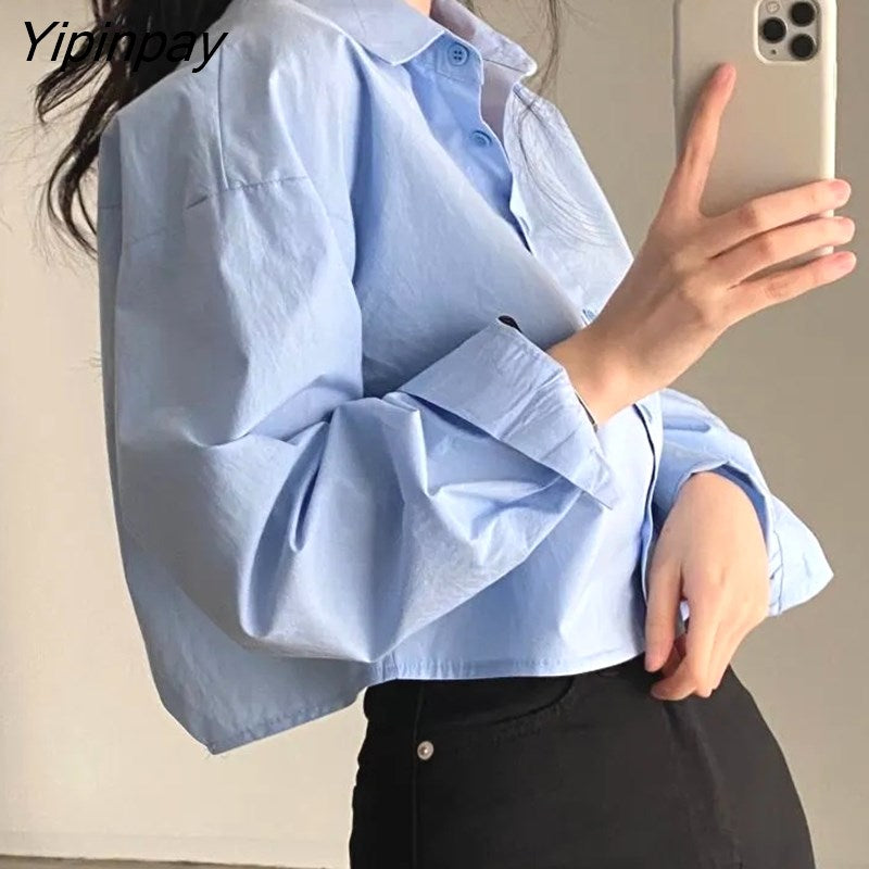 Yipinpay 2023 Spring New Casual Long Sleeve Women White Shirt Korea Style Solid Button Split Woman Crop Tops Blouse Party Clothing