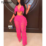 Yipinpay Summer Tassel Feather Women 2 Sets Sexy V Neck Bra Top And Hollow Out Pants Set Female Fashion Beach Party Outfits