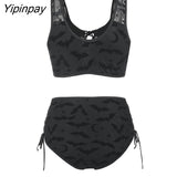 Yipinpay Crescent Mesh Lace-Up Padded Bikini Set Women Fashion Summer Tankini Swimsuit Two Pieces Bathing Suit Beachwear