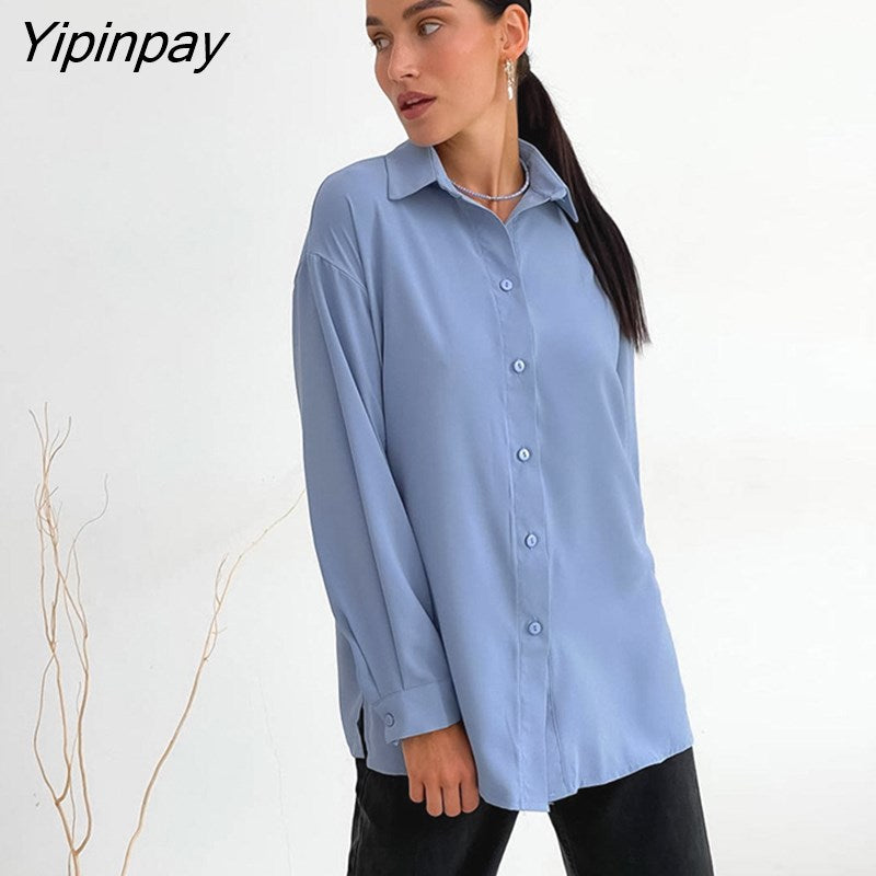Yipinpay 2023 Spring Minimalist Full Sleeve Women White Shirt Oversize Button Up Woman Tunic Blouse Work Female Clothing Tops