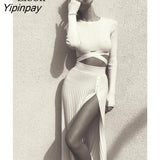 Yipinpay Knit Two Piece Bandage Skirt Set Women Sweater Crop Tops And Slit Pleated Skirts Drawstring Knitted Sweaters Outfits Sets