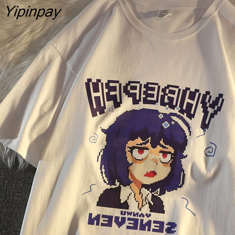 Yipinpay T-Shirt Women Anime Cartoon Retro Print Kawaii Aesthetic Harajuku Short Sleeve Goth Punk Y2k Tops Tees Female Clothing