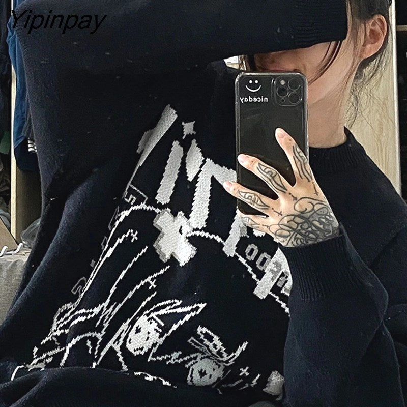 Yipinpay Women's Sweater Oversize Y2k Tops Long Sleeve Jumper Autumn Anime Pullover Goth Streetwear Knitted Coat Vintage Kawaii Clothing