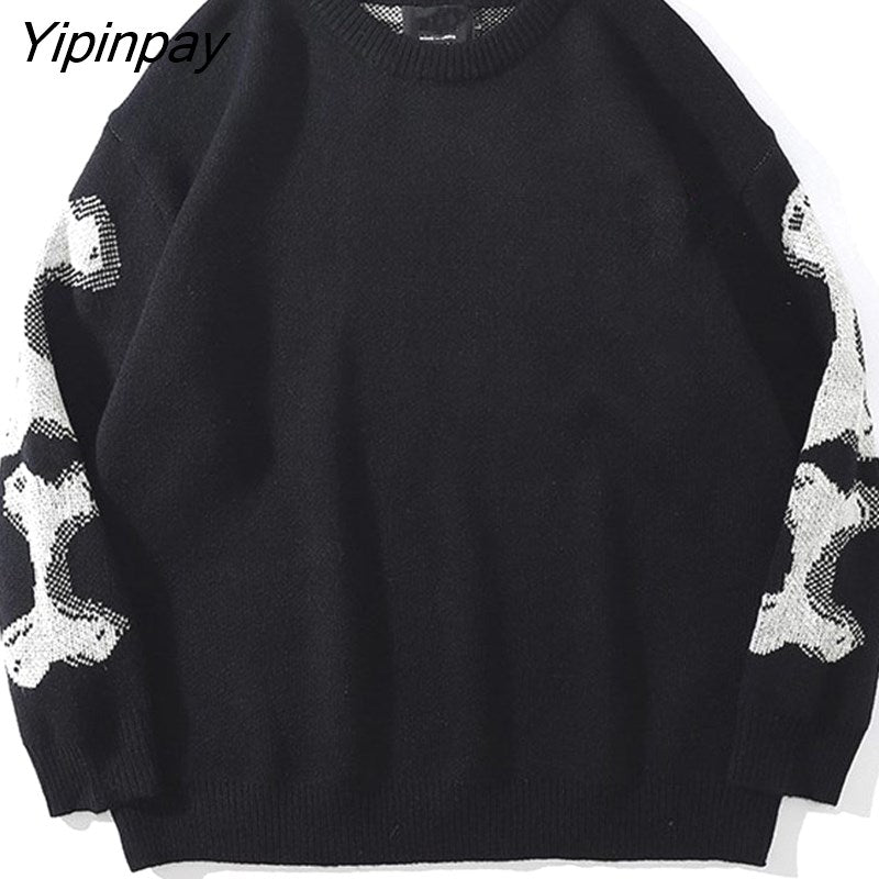 Yipinpay Men Oversized Sweater Black Loose Skeleton Bone Print Women Vintage Retro Knitted Sweater 2023 Autumn Cotton Pullover Unisex 319-1